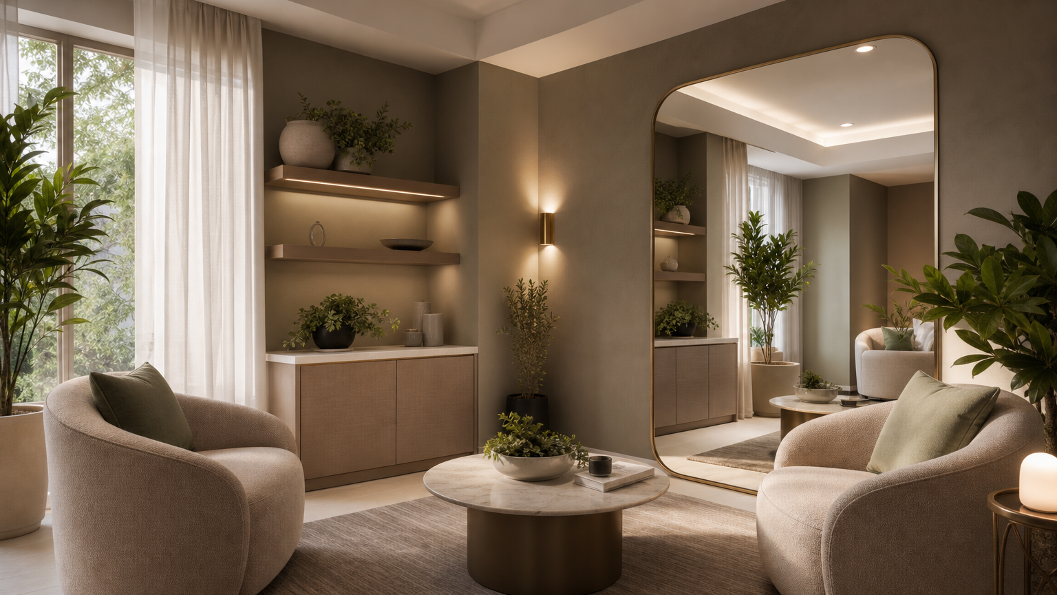 Calm and inviting medspa consultation lounge with comfortable seating and natural decor, perfect for weight loss services